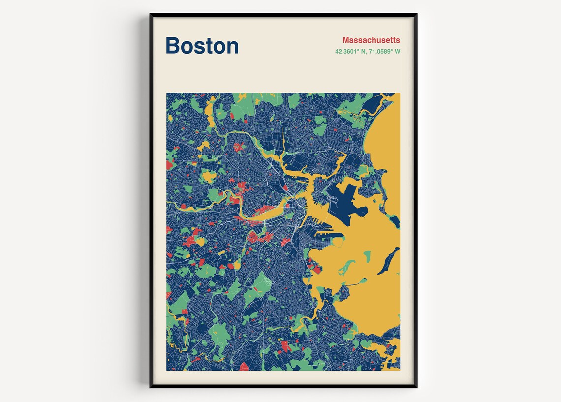Boston Massachusetts Color Block City Map Modern Travel Art Poster