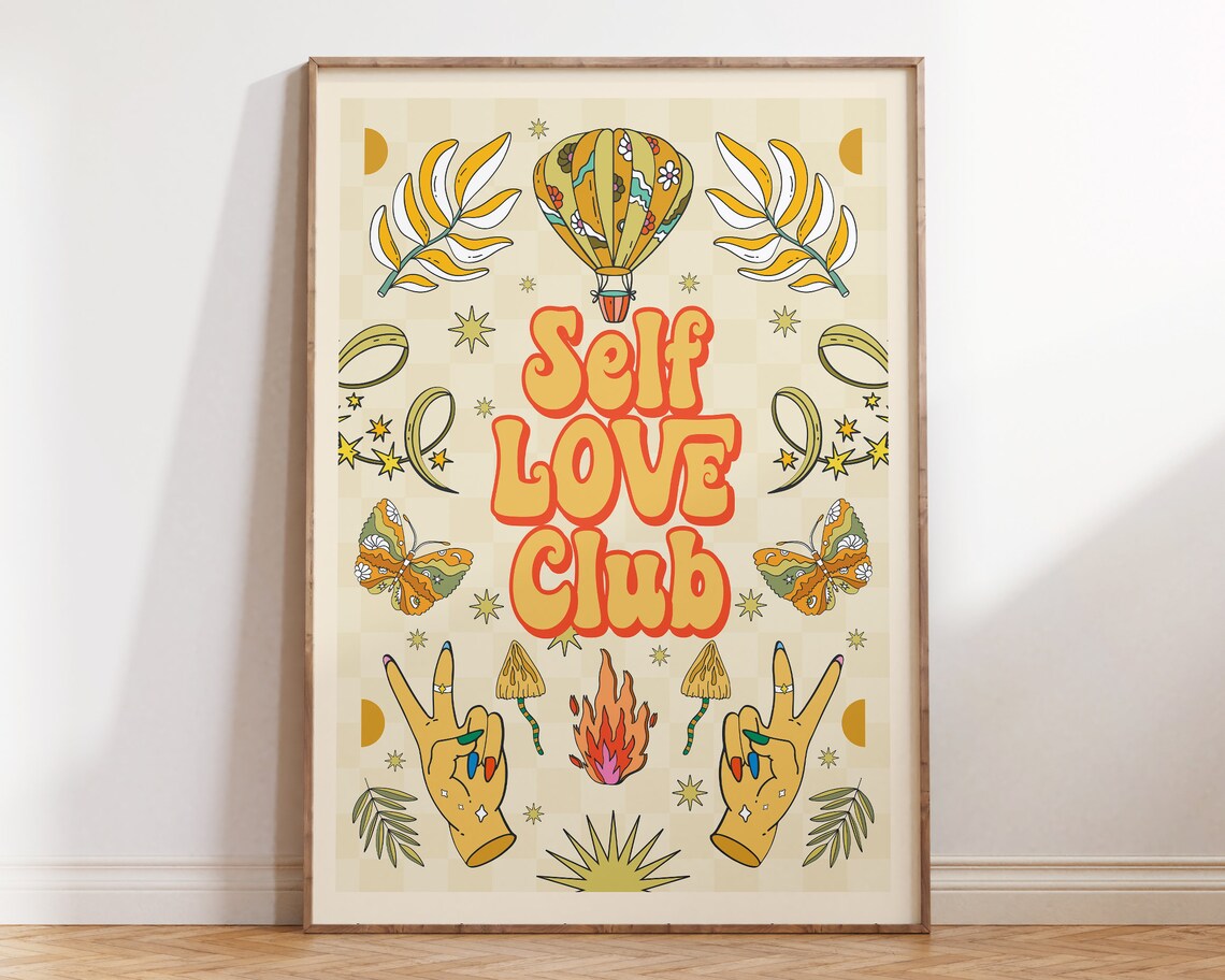 Self Love Club Retro Sticker Balloon Peace Hand Groovy Quote Poster