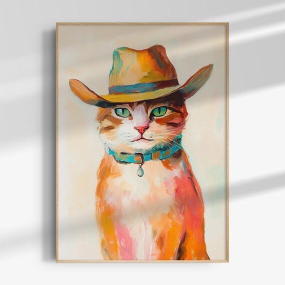 Cowboy Cat in Hat Painted Portrait Funny Whimsical Animal Poster
