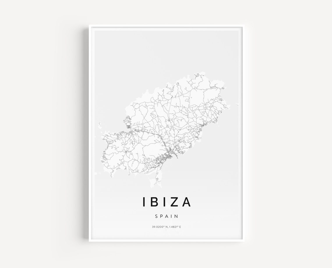 Ibiza Spain Minimal Island Map White Grey Line Modern Wall Art