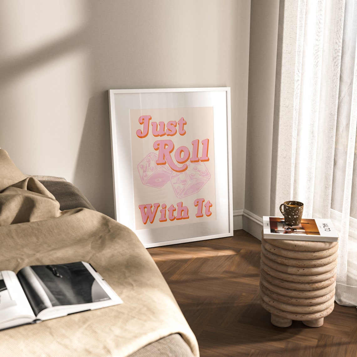 Just Roll With It Retro Pink Dice Typography Fun Quote Poster - Image 2