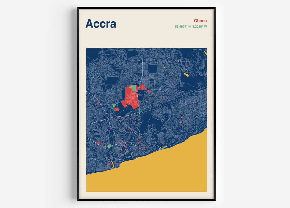 Accra Ghana Vintage Navy Gold Detailed City Street Map Poster