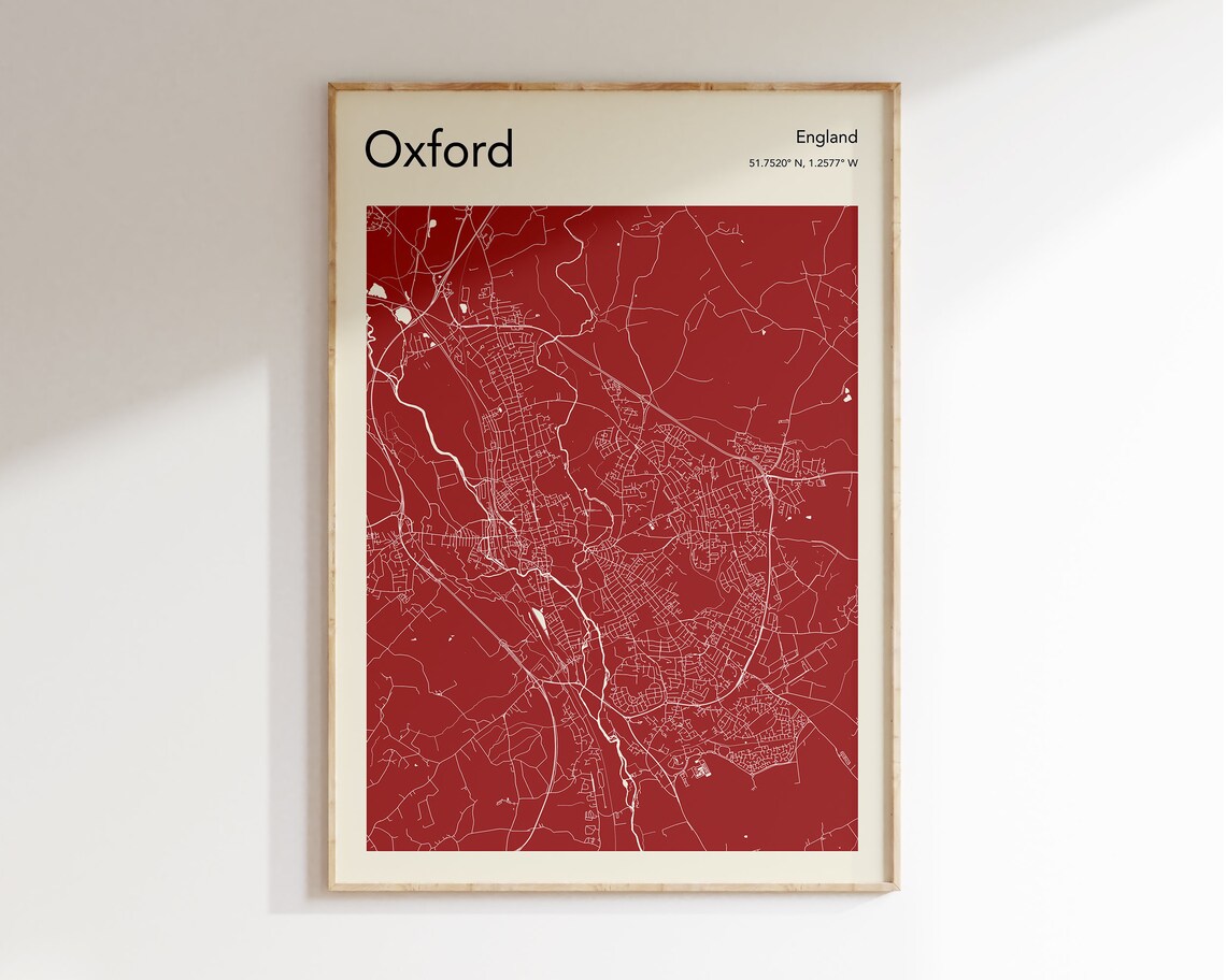 Custom Oxford England City Street Map Red Minimalist Art Print