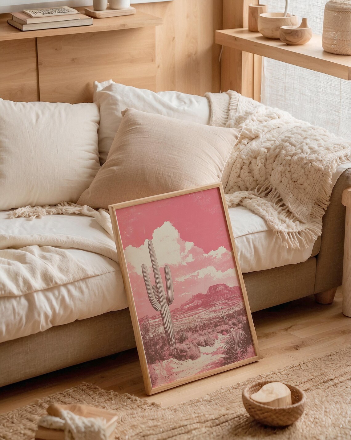 Pink Desert Saguaro Cactus Monochrome Canyon Landscape Art Poster - Image 3