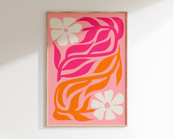 Pink Orange Cream Abstract Botanical Flower Art Poster Retro