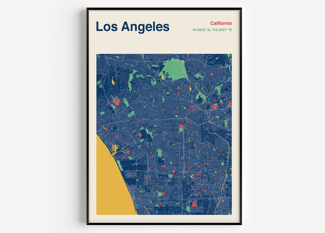 Los Angeles California Detailed Navy Blue City Street Map Poster