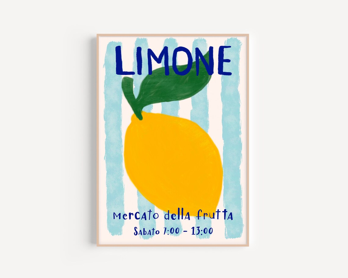Hand Drawn Lemon Art Print, Mid-Century Kitchen Decor