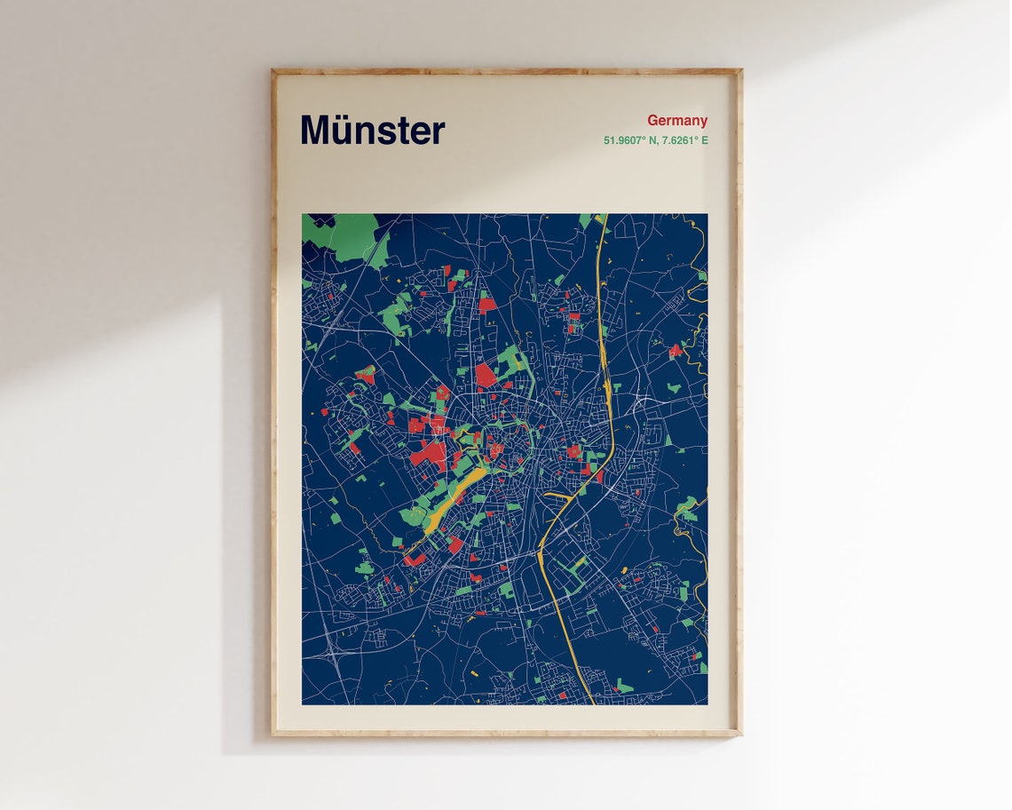 Münster Germany Colourful City Map Poster in Navy Red Green and Gold