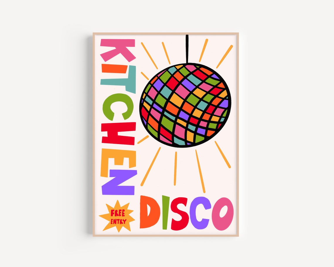 Kitchen Disco Free Entry Colorful Disco Ball Party Retro Poster