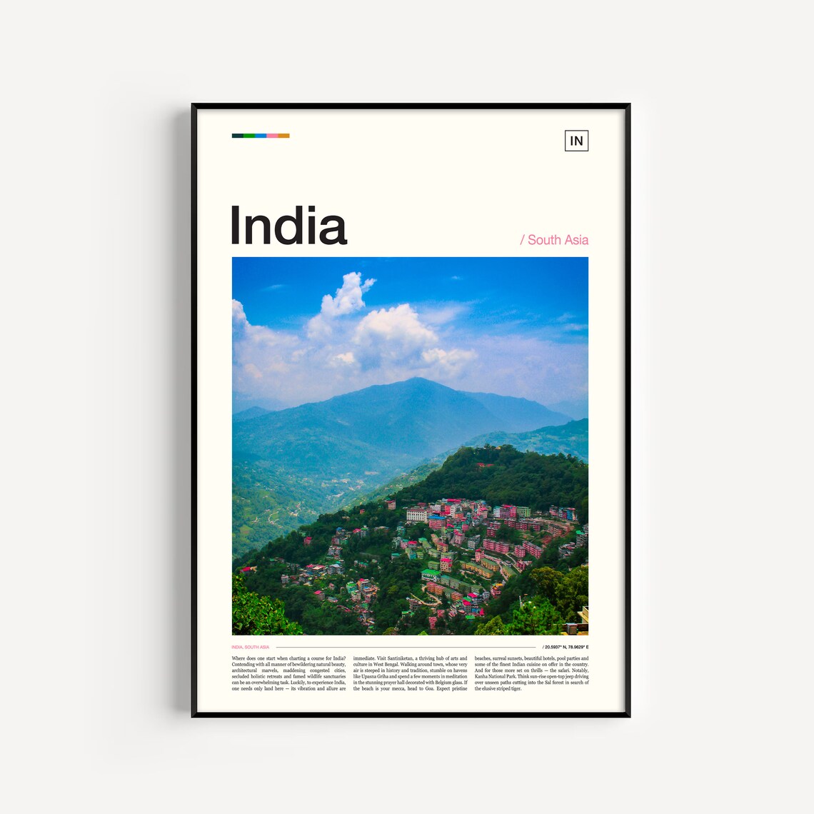 India Colorful Hillside Mountain Town South Asia Travel Poster