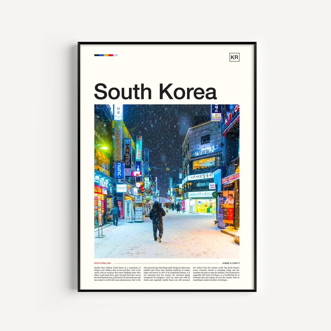 South Korea Snowy Neon Street Winter Night Photography Poster