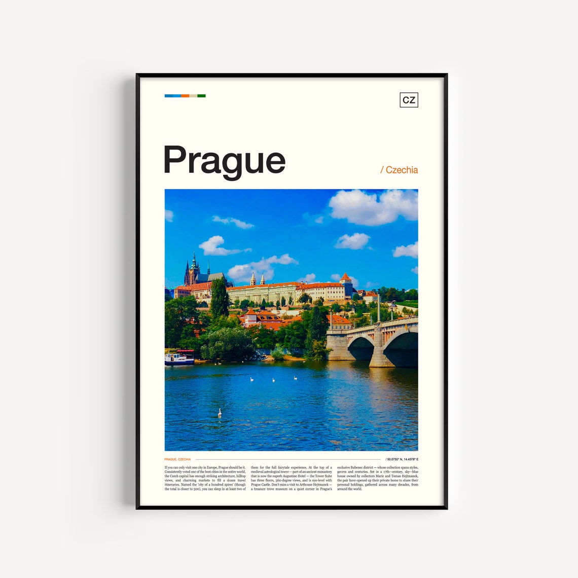 Prague Czechia Castle Vltava River Blue Sky Photo Travel Poster Art