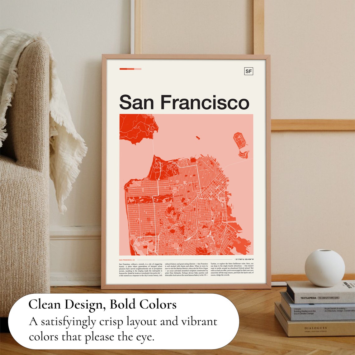 San Francisco California Coral City Map Minimalist Wall Decor Poster - Image 3