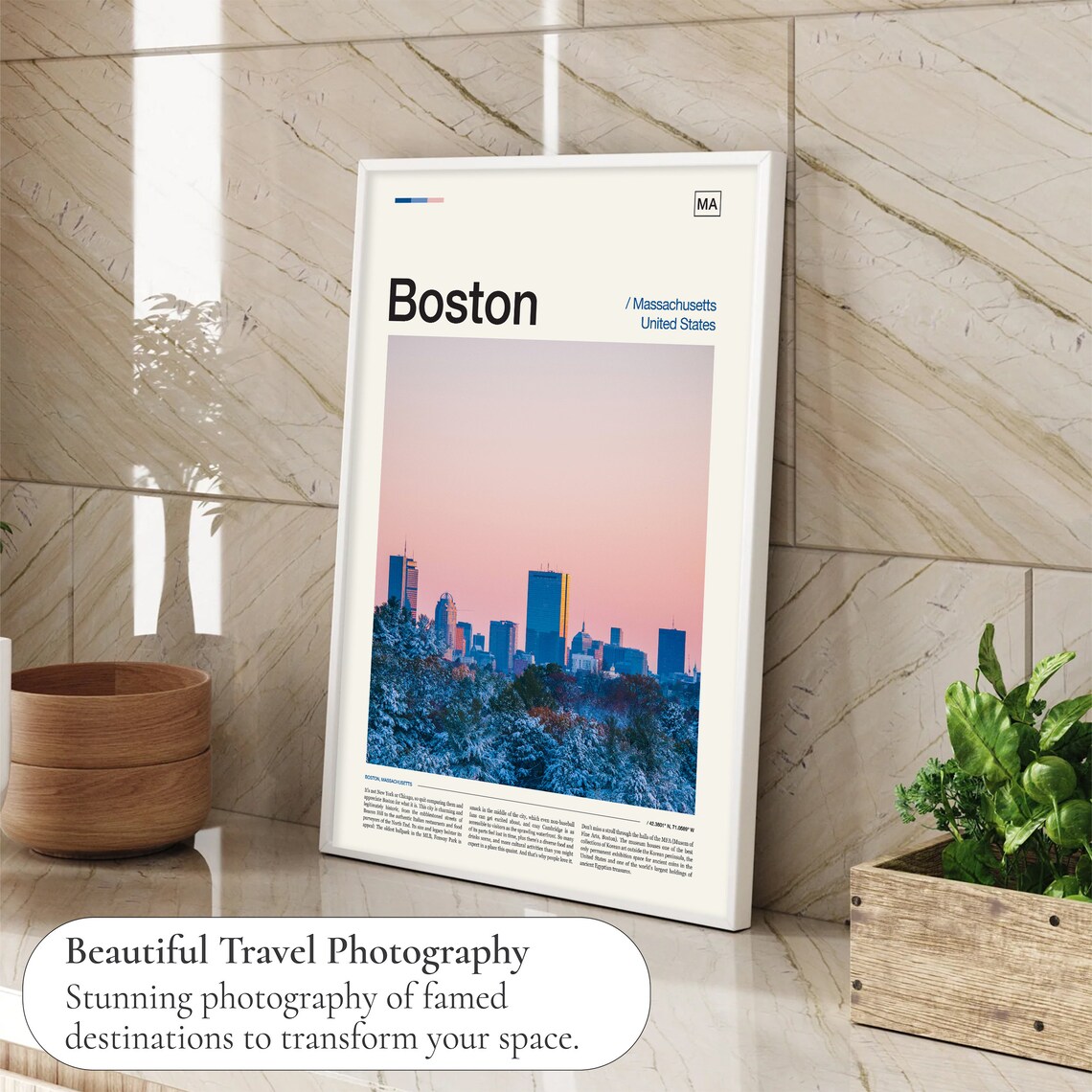 Boston Massachusetts Winter Skyline Sunset Snow City Travel Poster - Image 4