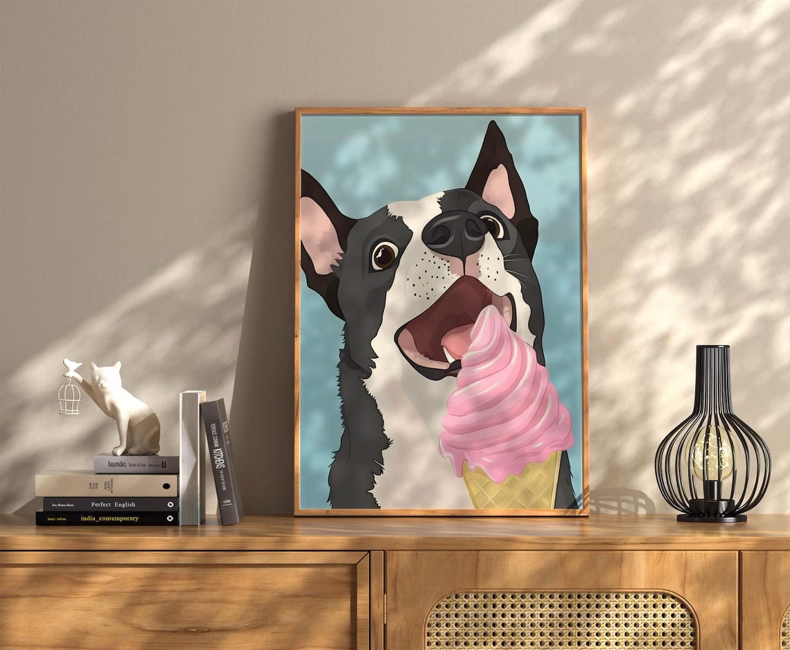 Dog Licking Pink Ice Cream Poster Funny Puppy Dessert Cartoon Decor