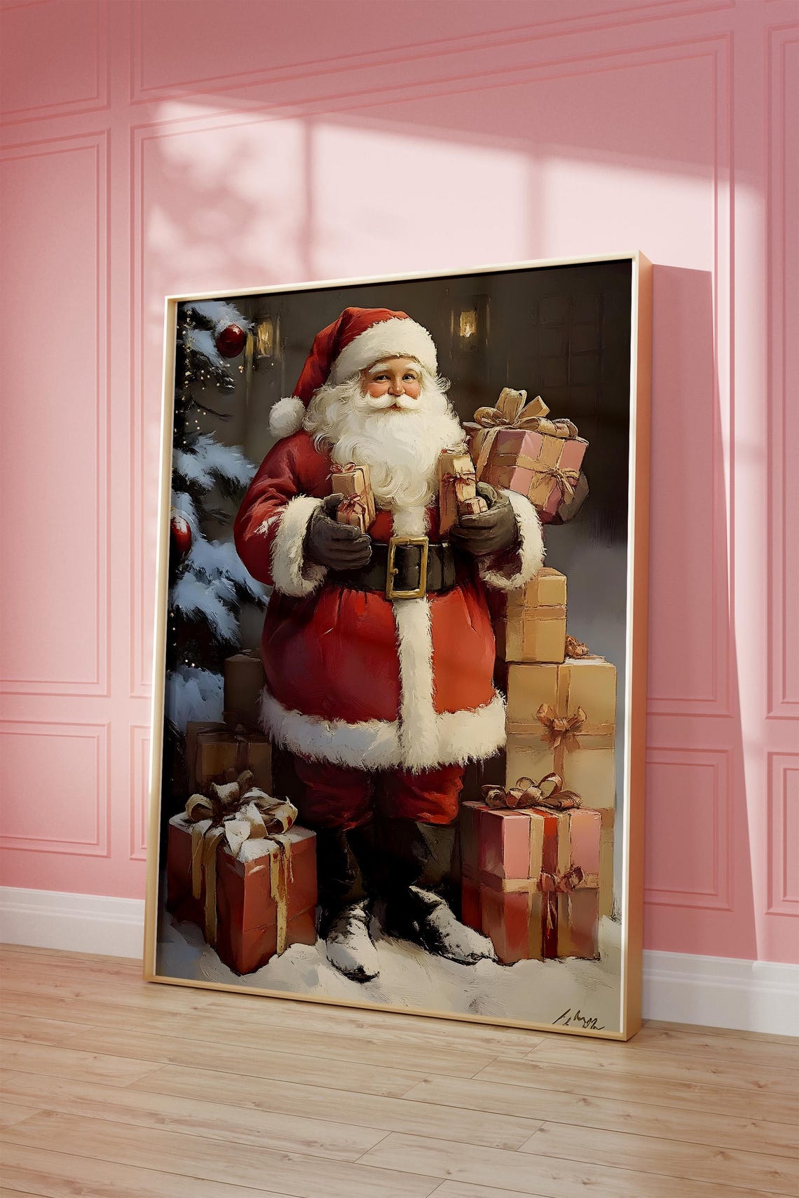 Santa Claus Holding Gifts Surrounded by Presents Christmas Poster - Image 3