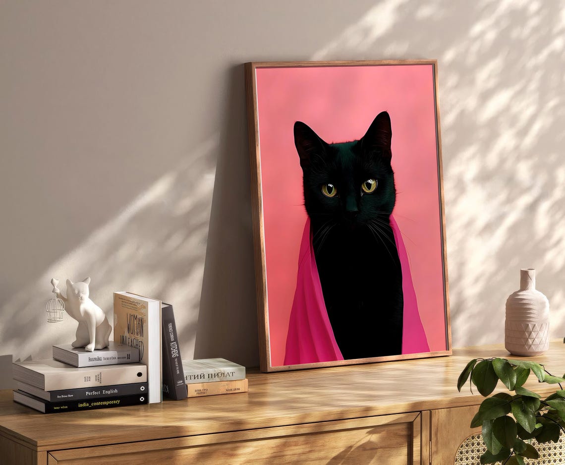 Black Cat In Pink Cape Golden Eyes Bold Pop Portrait Fun Poster - Image 2