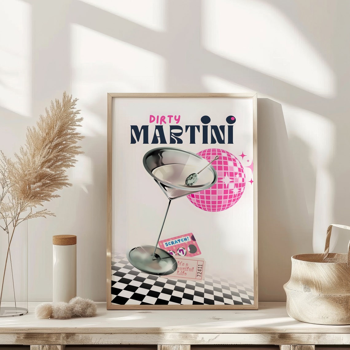 Dirty Martini Disco Pink Checkerboard Y2K Retro Collage Bar Poster