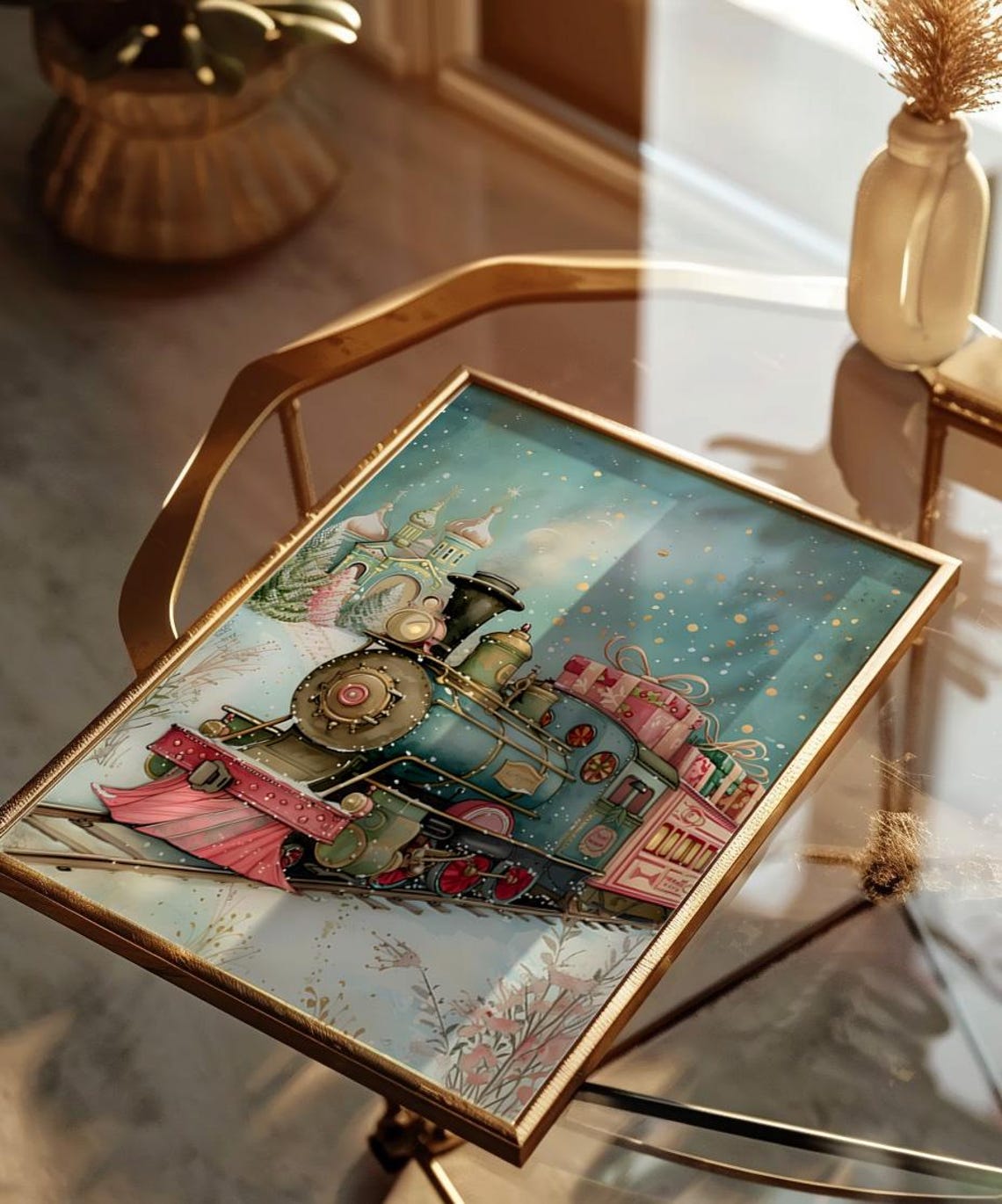Christmas Train Loaded With Gifts Snowy Storybook Watercolor Poster - Image 2