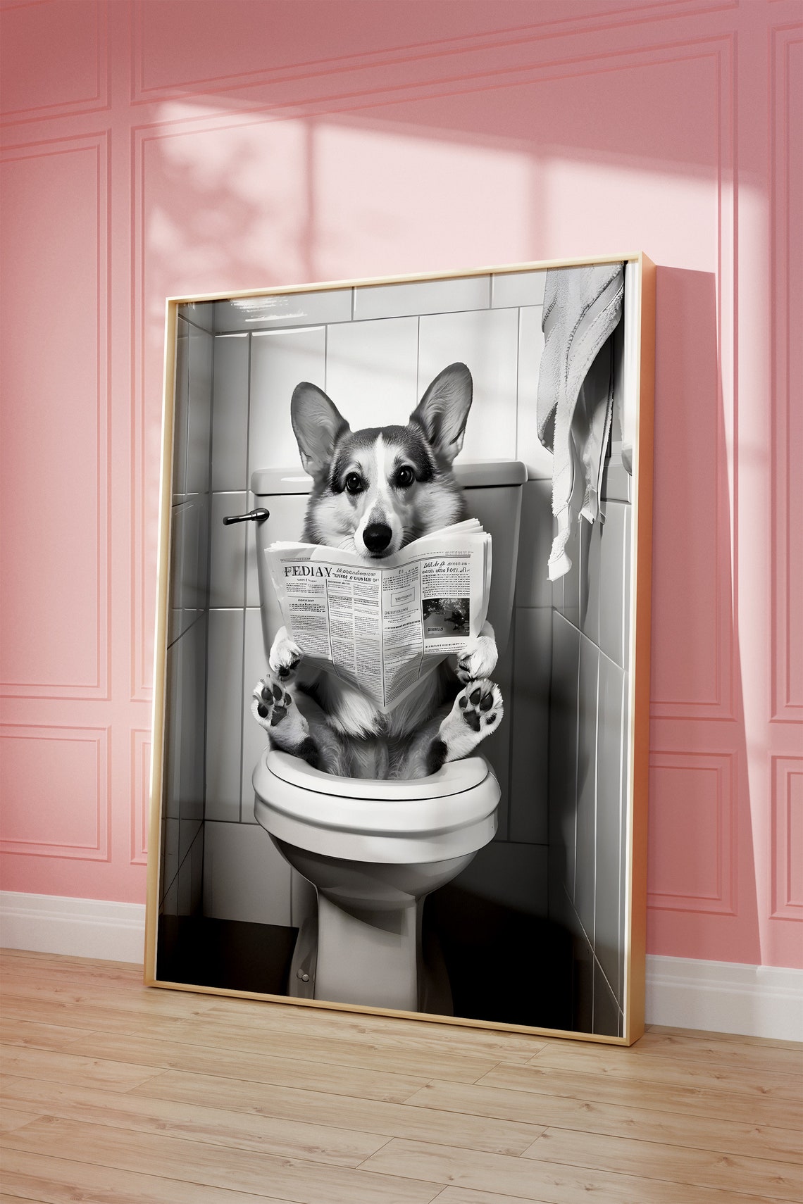 Corgi Dog on Toilet Reading Newspaper Funny Bathroom Humor Poster - Image 2