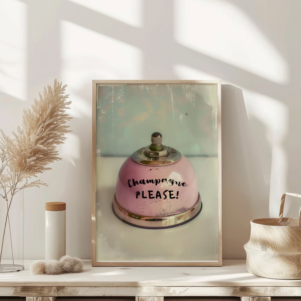 Champagne Please Pink Vintage Service Bell Bar Cart Quote Poster