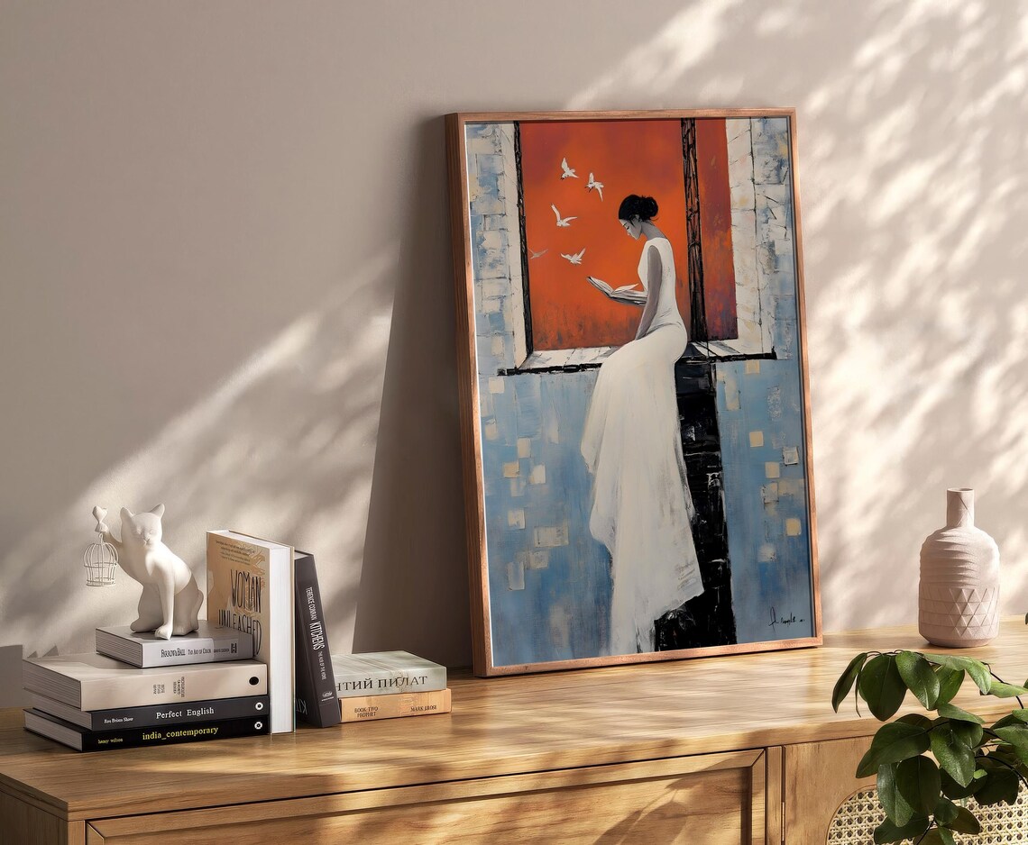 Woman In White Dress Reading Book By Red Sky Window Birds Poster - Image 2