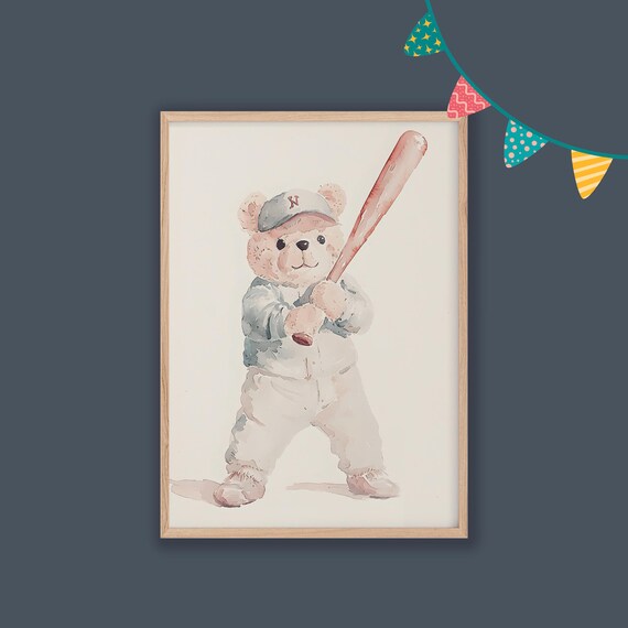Watercolor Teddy Bear Baseball Player Bat Cap Kids Sports Nursery Art Poster