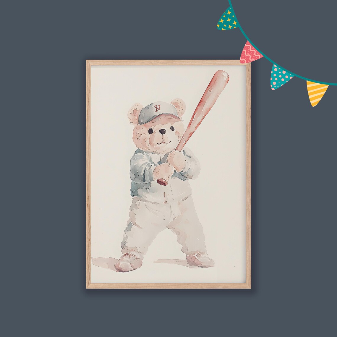 Watercolor Teddy Bear Baseball Player Bat Cap Kids Sports Nursery Art Poster
