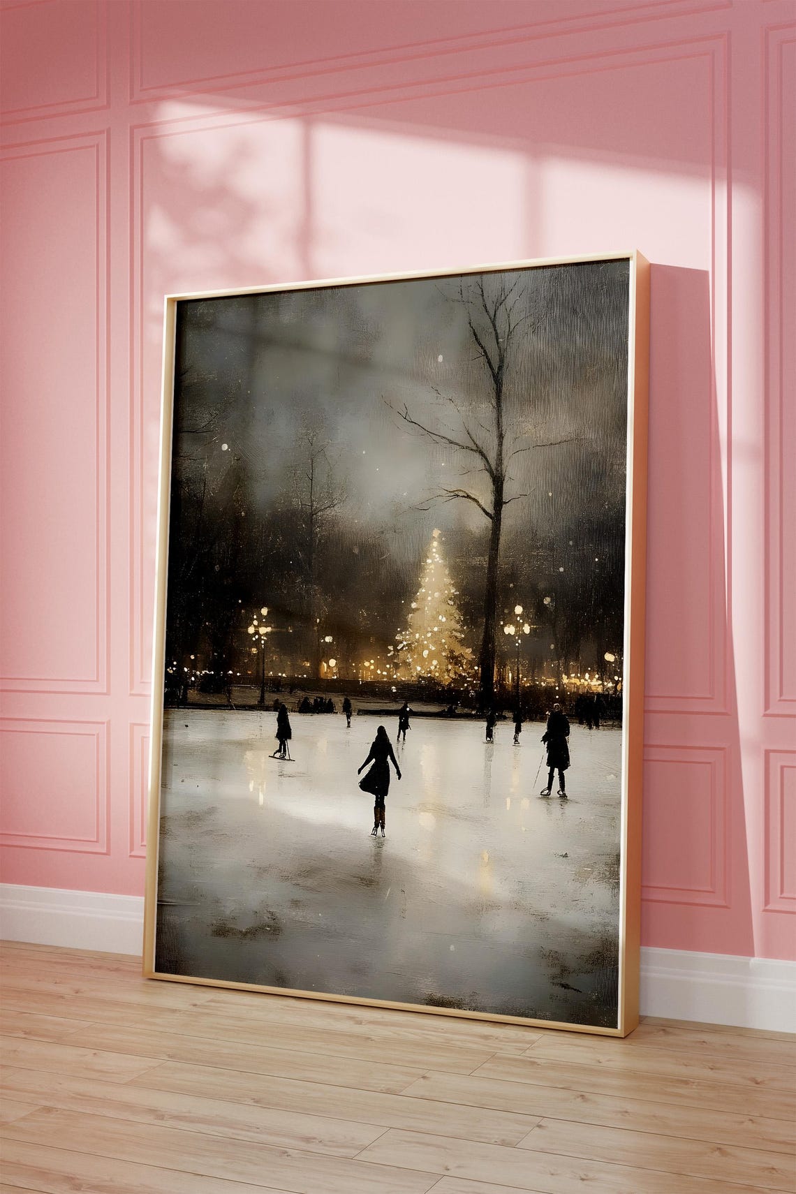Night Ice Skating Rink With Christmas Tree Vintage Art Poster - Image 3