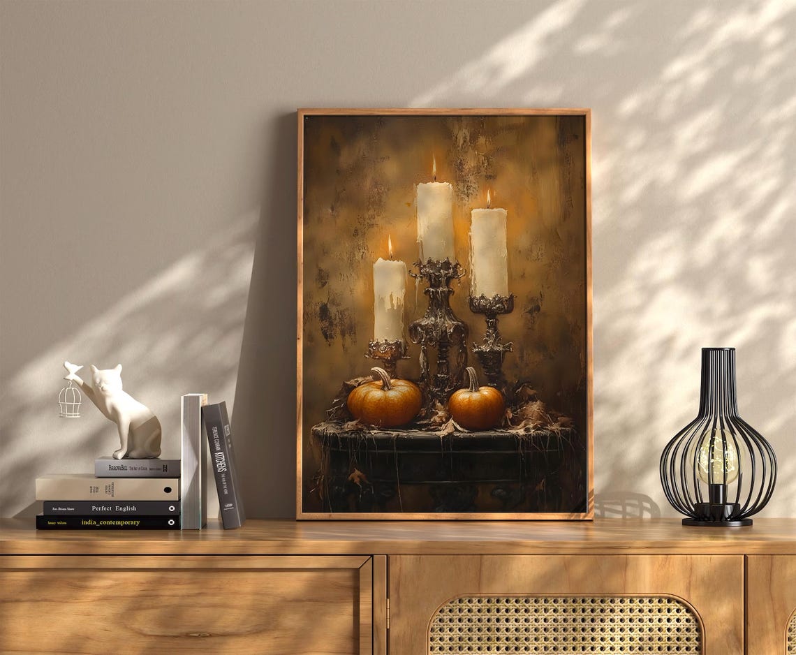 Dark Academia Candlelight Pumpkins Moody Fall Still Life Poster