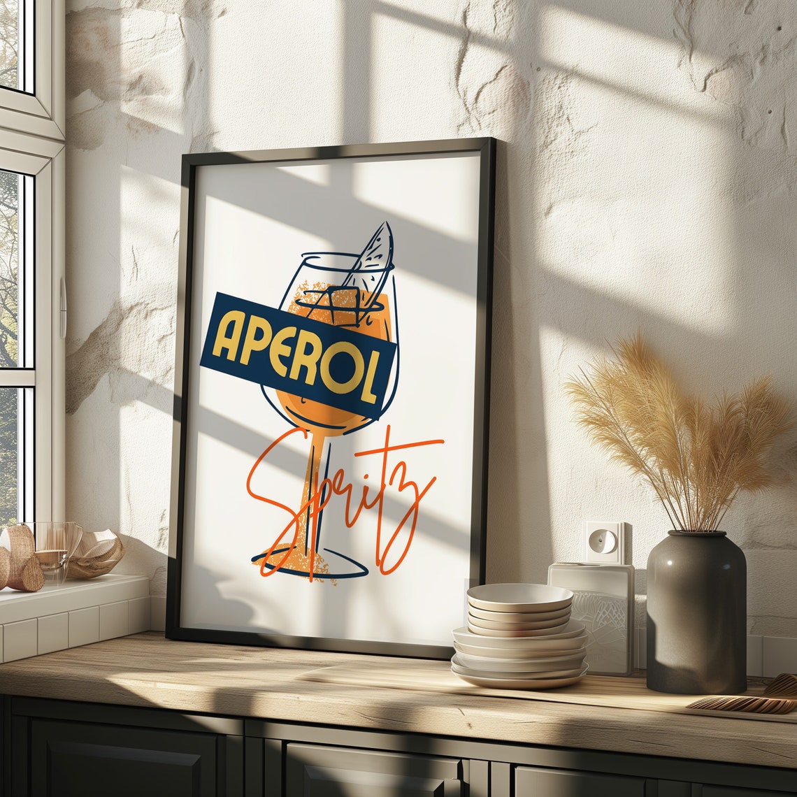 Aperol Spritz Line Art Glass Retro Navy Script Cocktail Poster - Image 2