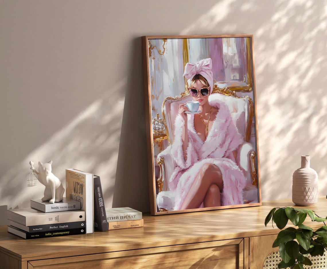 Glamorous Pink Robe Woman With Teacup Luxury Chic Art Poster - Image 2