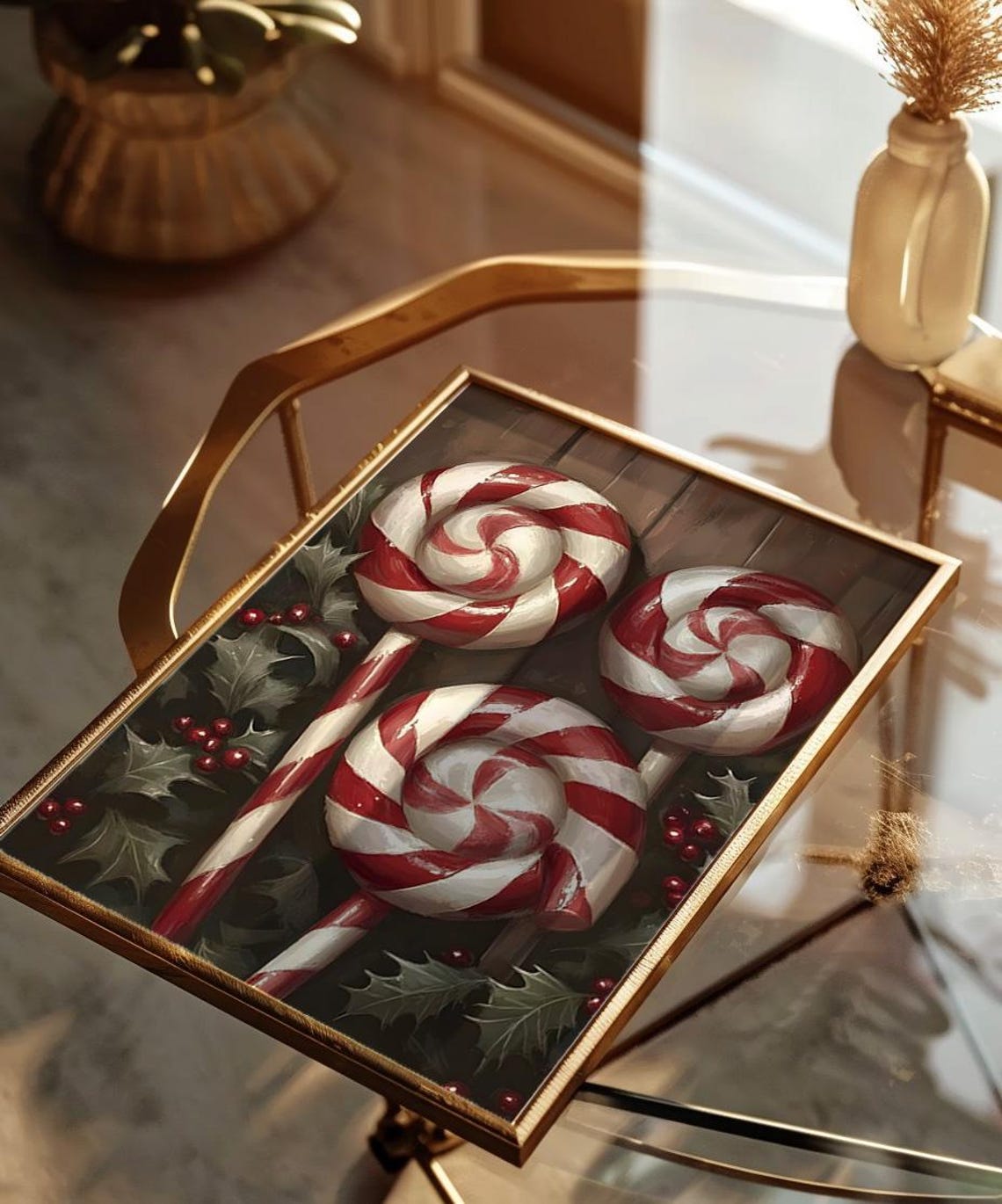 Peppermint Lollipops With Holly Vintage Christmas Candy Poster - Image 3