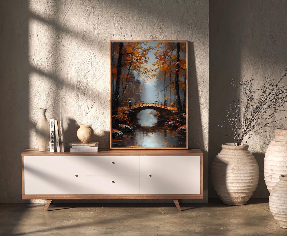 Misty Autumn Bridge Over Quiet River Forest Oil Painting Poster - Image 2