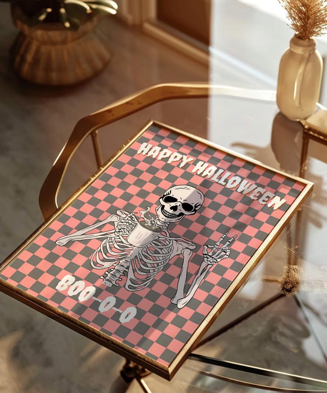 Happy Halloween Skeleton Coffee Checkerboard Retro Spooky Poster - Image 4
