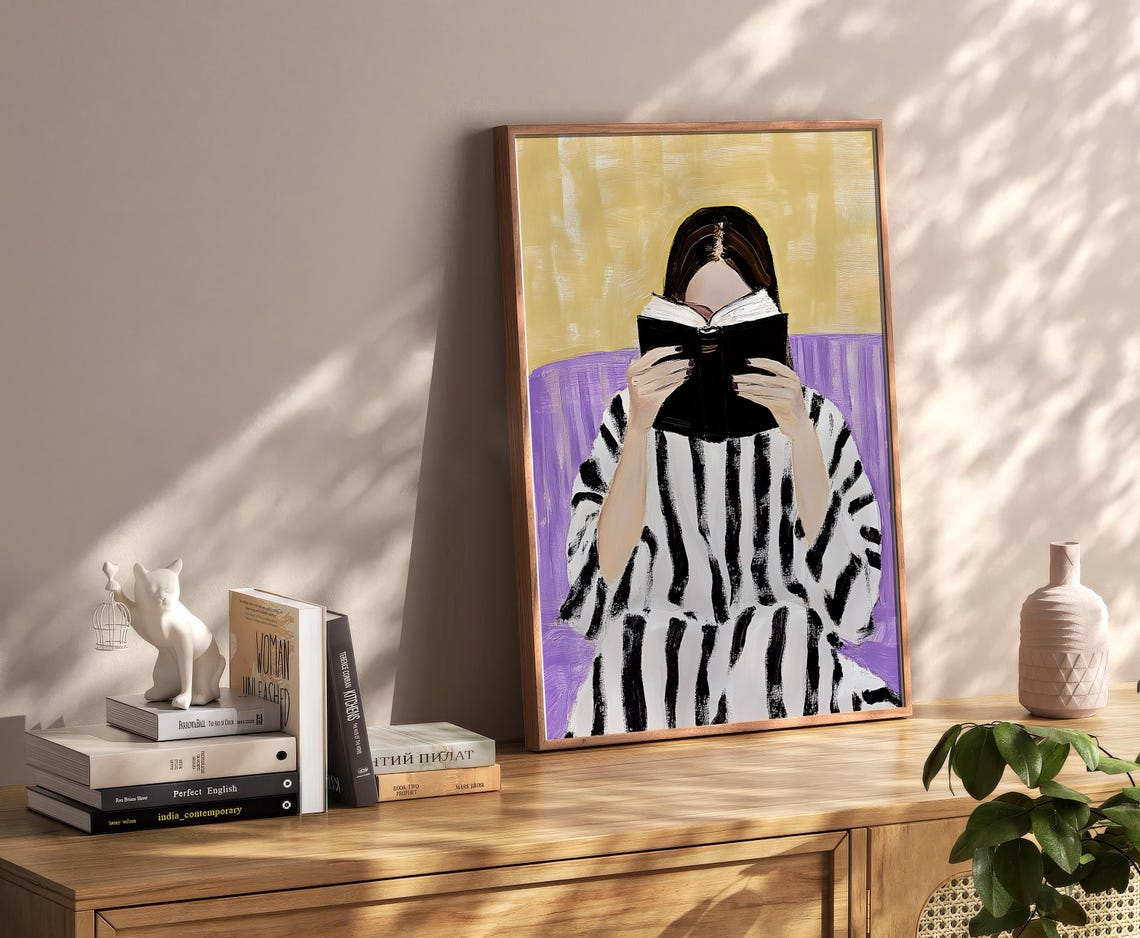 Woman Reading Book Striped Shirt Yellow Purple Painterly Poster - Image 2