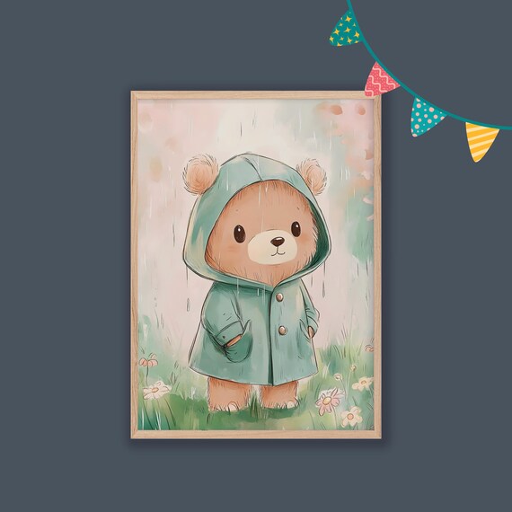 Bear Cub In Green Raincoat On A Rainy Day Nursery Wall Poster