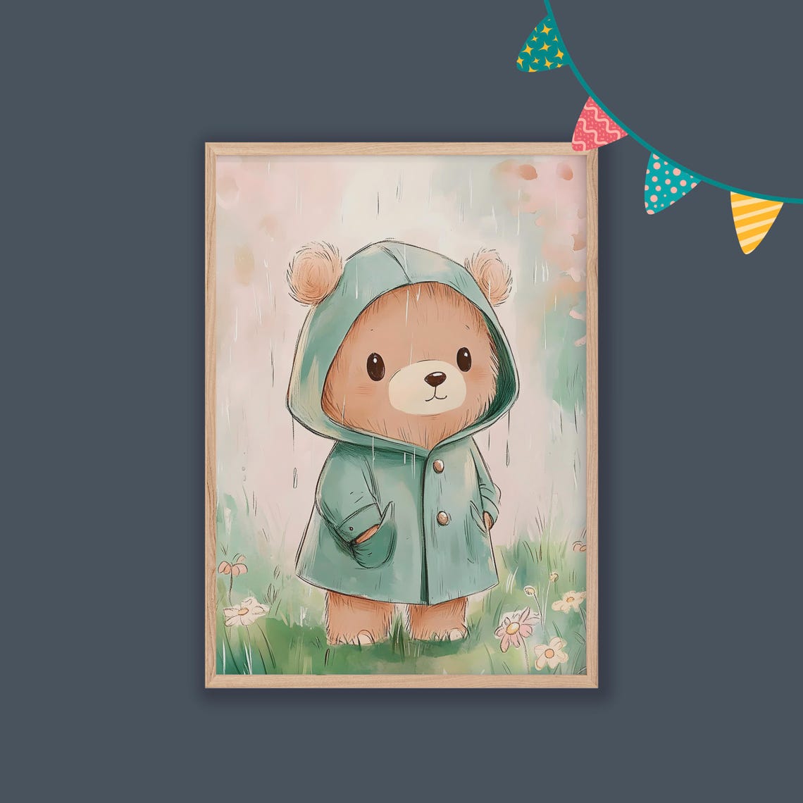 Bear Cub In Green Raincoat On A Rainy Day Nursery Wall Poster