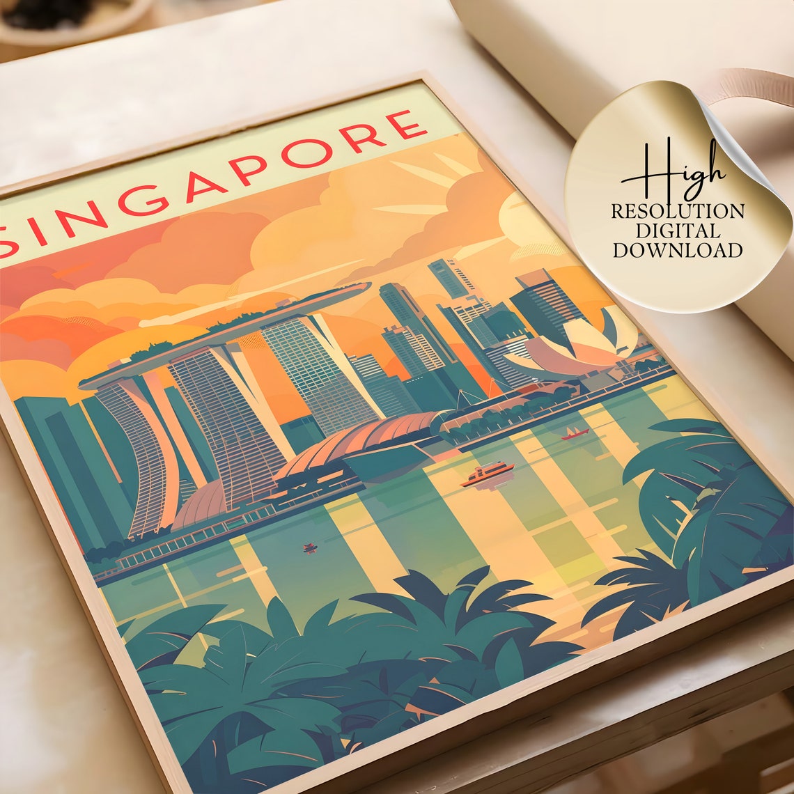 Singapore Marina Bay Sands Sunset Golden Retro Travel Art Poster