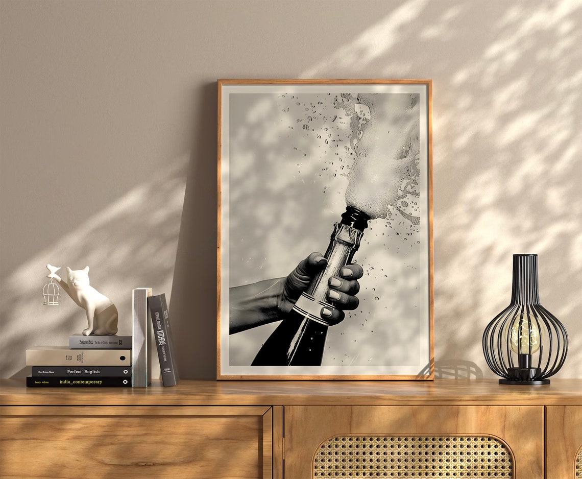 Champagne Bottle Pop Black And White Celebration Photography Poster