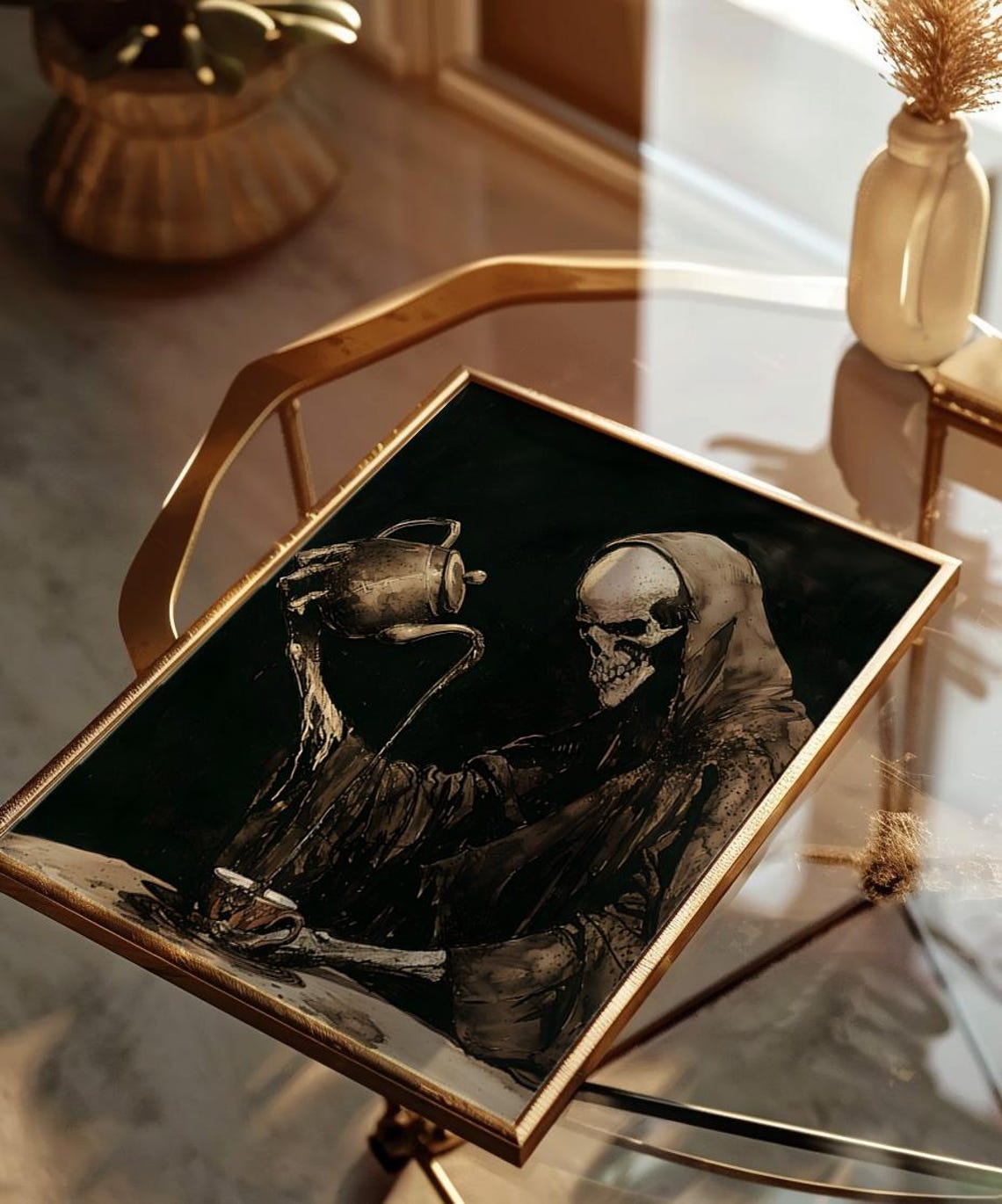 Grim Reaper Pouring Tea Dark Macabre Vintage Halloween Poster - Image 3