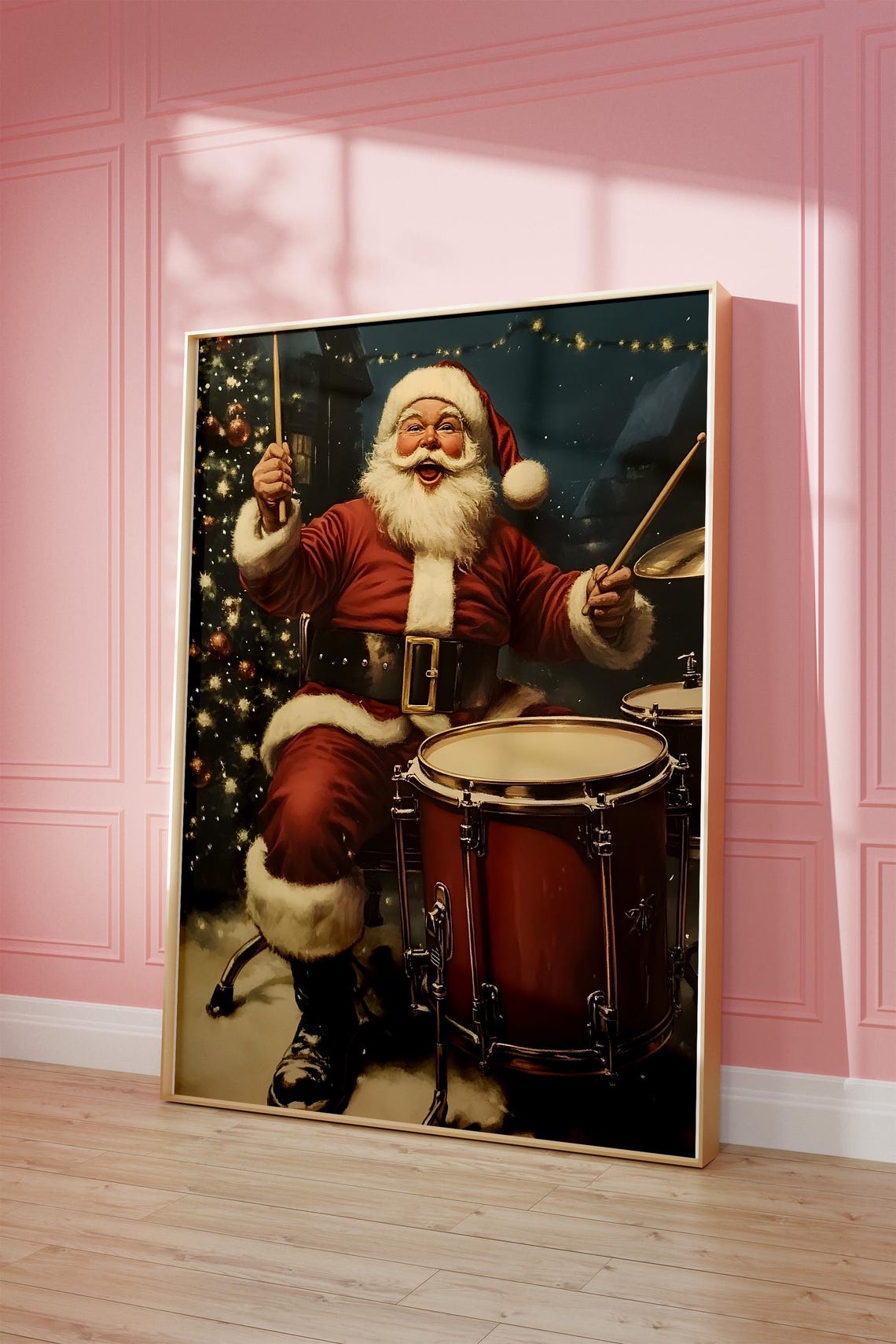 Joyful Santa Claus Playing Drums By Christmas Tree Vintage Poster - Image 3