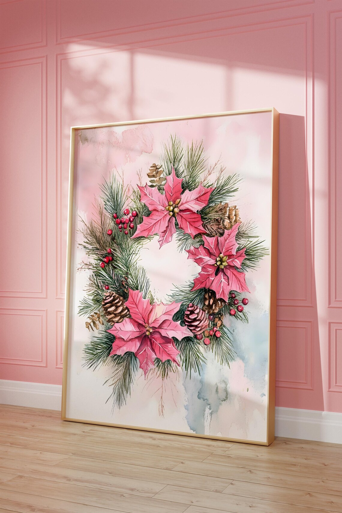 Pink Poinsettia Christmas Wreath Watercolor Floral Art Poster - Image 3