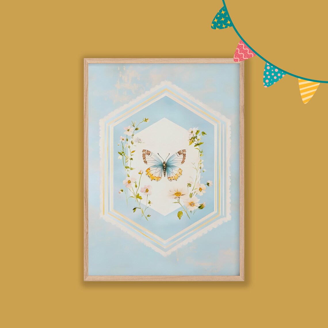 Watercolor Butterfly Wildflowers Hexagonal Frame Blue Nursery Art Poster - Image 2