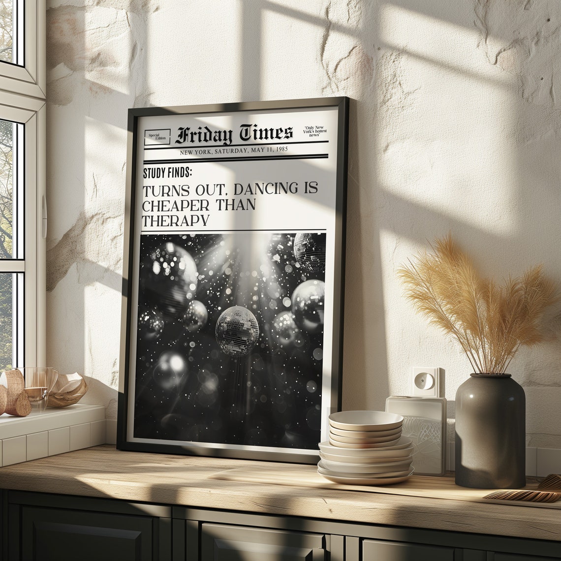 Friday Times Newspaper Dancing Cheaper Than Therapy Disco Ball Poster - Image 2