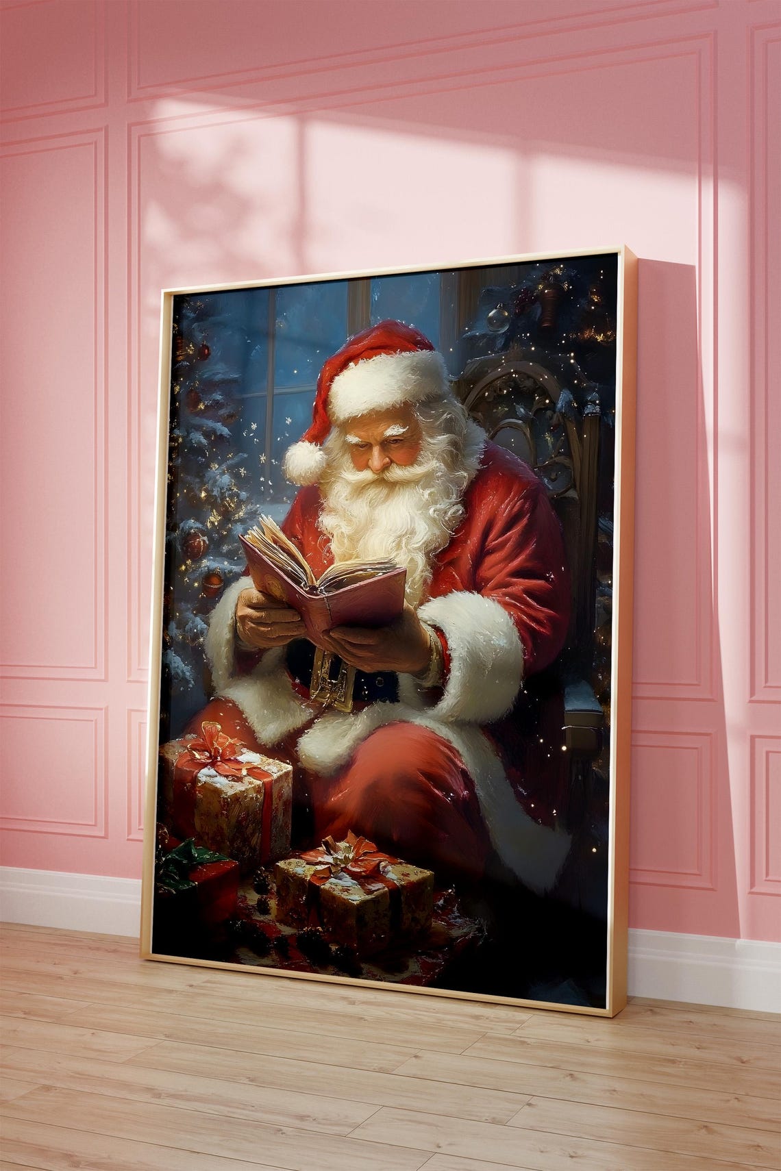 Santa Claus Reading Book by Christmas Tree Night Vintage Art Print - Image 3