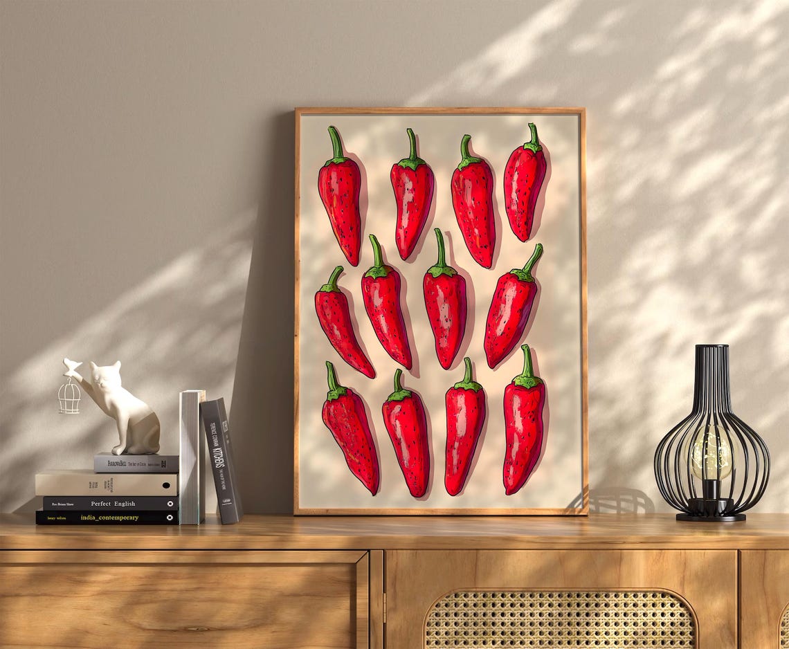 Red Chili Peppers Grid Modern Kitchen Food Illustration Poster - Image 2