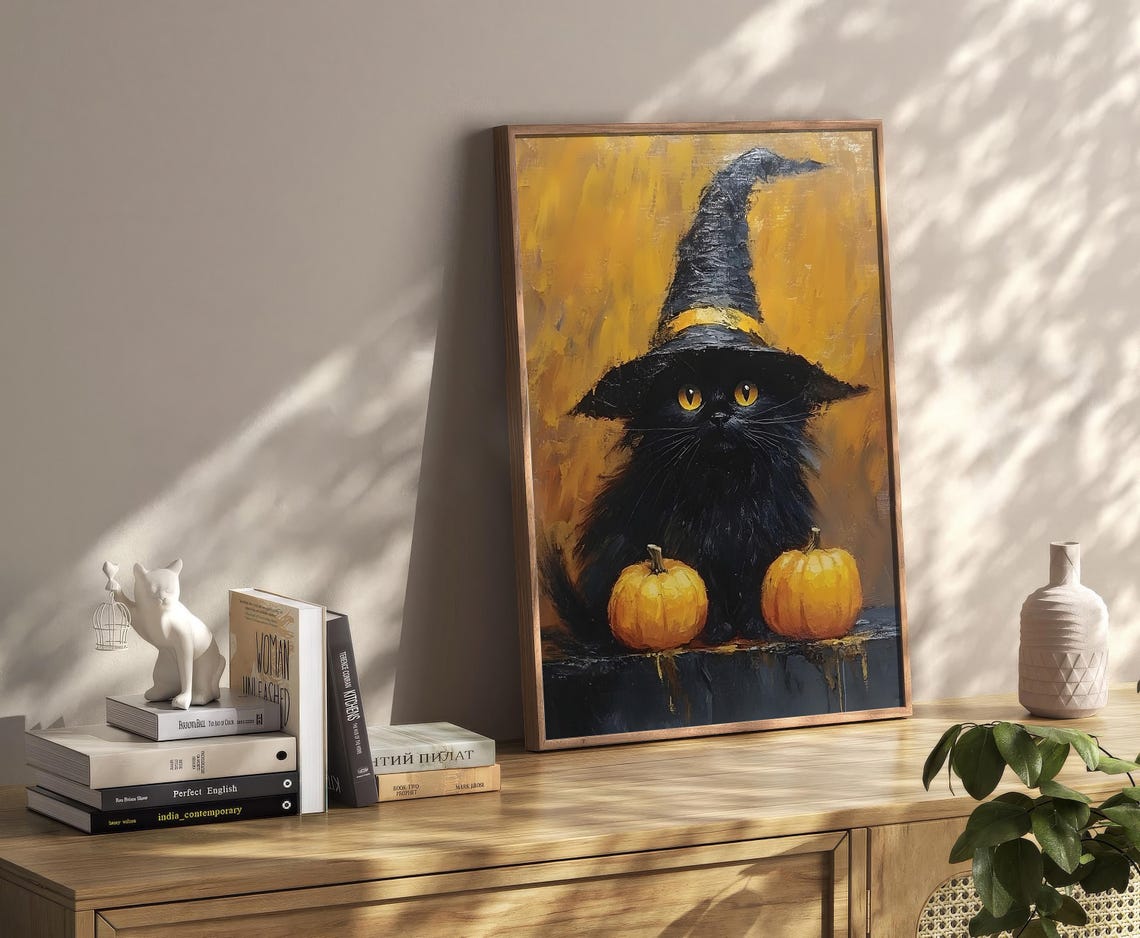 Halloween Black Cat Witch Hat Pumpkins Vintage Oil Painting Poster - Image 4