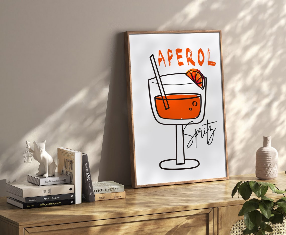 Aperol Spritz Minimal Line Art Cocktail Glass Trendy Bar Wall Art - Image 2