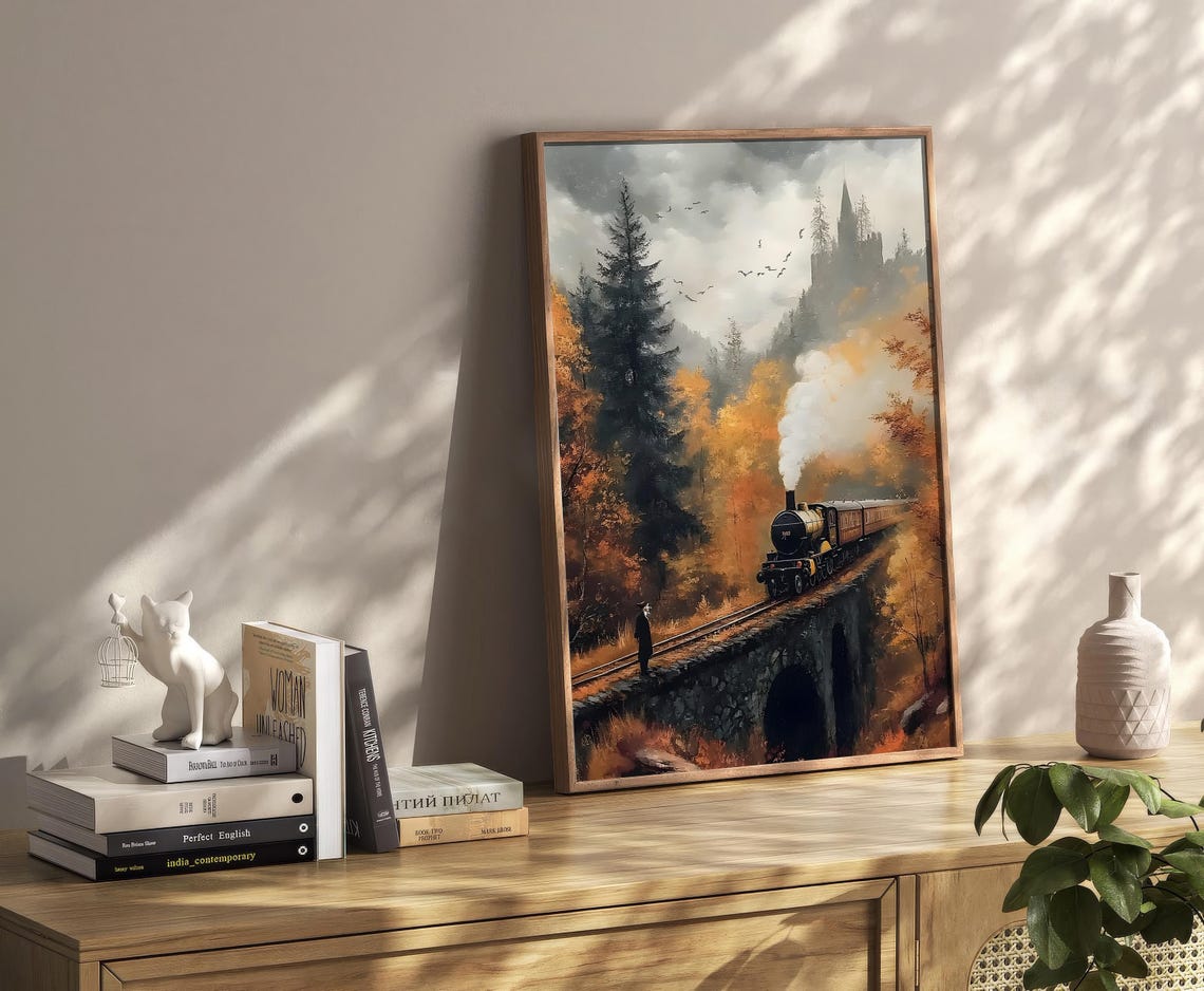 Vintage Steam Train Autumn Forest Castle Bridge Oil Art Poster - Image 4